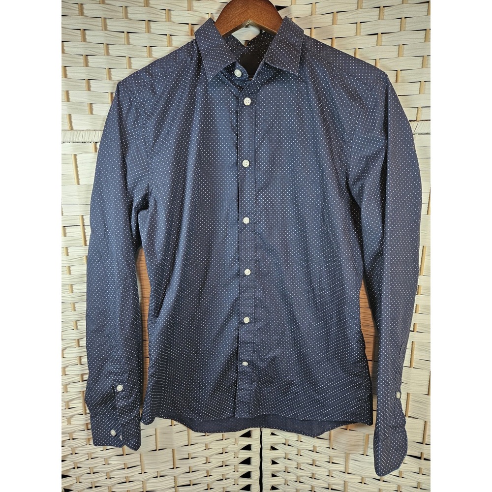 H & M Mens Button Up Blue Polka Dot Shirt Sz M Work Career Preppy Church